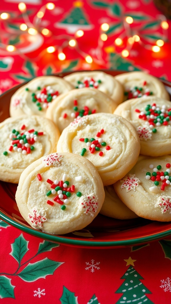 A plate of decorated cream cheese Christmas cookies with sprinkles on a festive tablecloth.